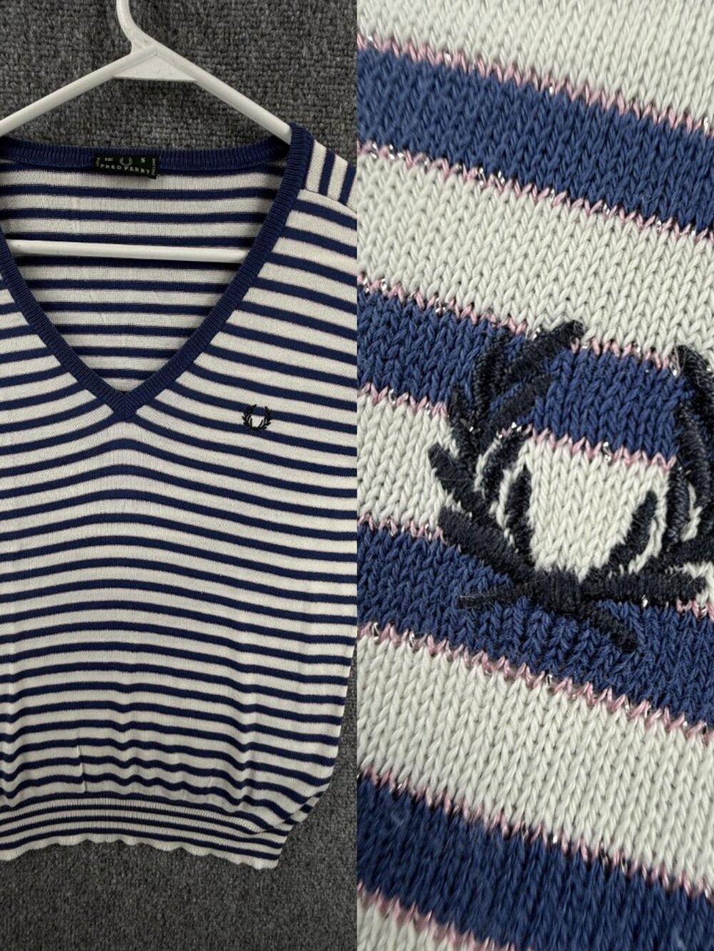 VTG Fred Perry England Sweater Women Lightweight Striped Blue Pink Small V Neck